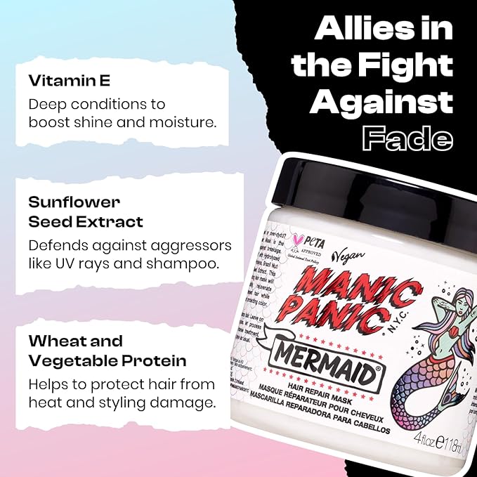 MANIC PANIC Mermaid Mask - pH Balanced Hair Treatment for Dry Damaged Hair Formulated with Hydrolyzed Wheat, Vegetable Proteins, Sunflower Seed + Brazil Nut Oil - Vegan, Unscented Hair Care (4oz)