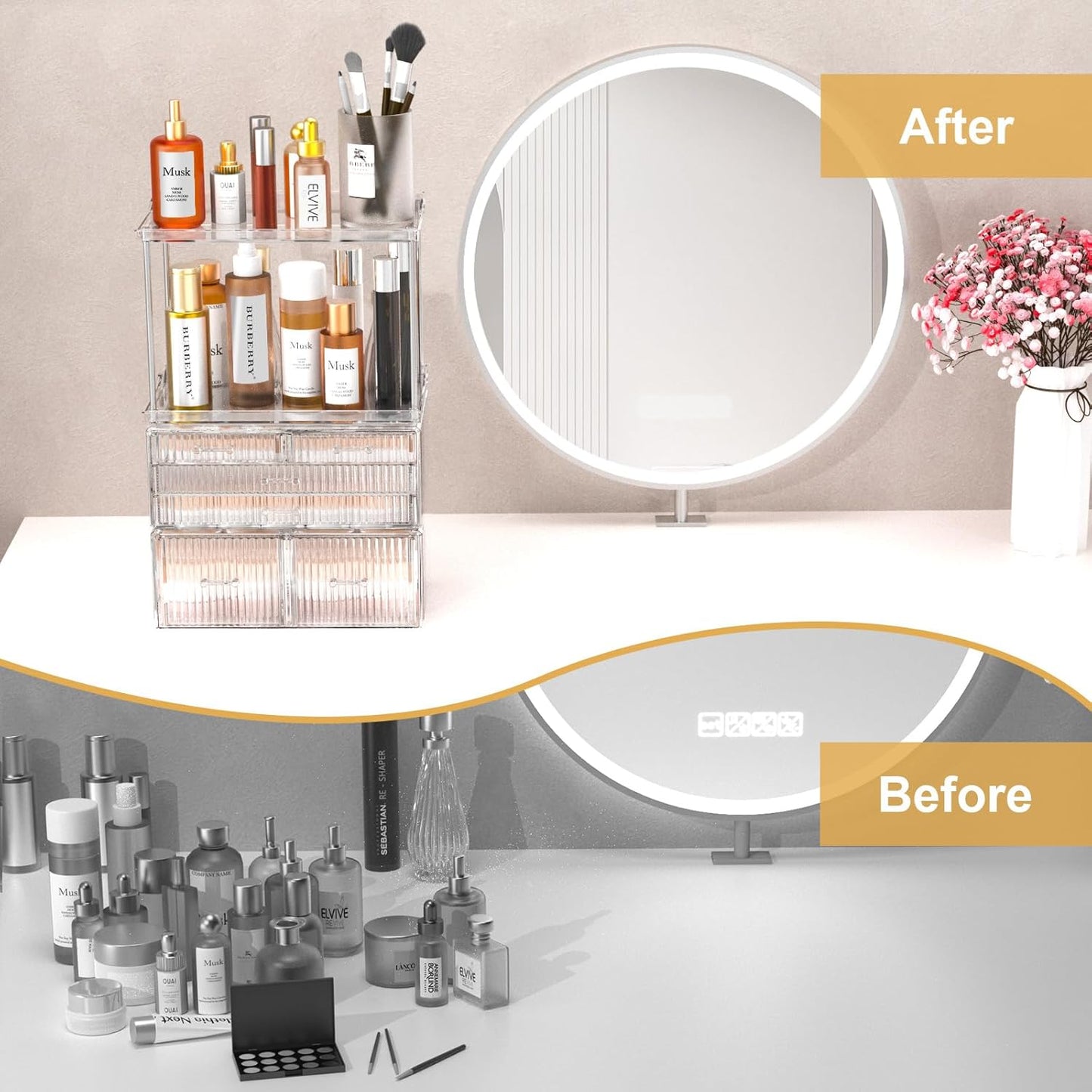 2-Tier 5-Drawer Bathroom Countertop Organizer : Multi-Purpose Makeup Organizer Countertop - Large Skincare Holder Exquisite Vanity Tray - Perfume & Skincare Storage Amber Clear