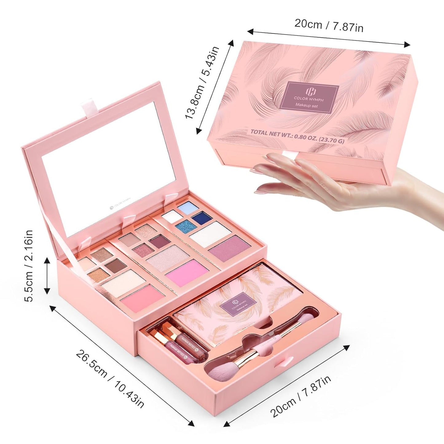 Color Nymph Small Makeup Palette Set for Face | Cosmetics Gift Set for Women & Girls | 12 Colors Eyeshadow, Blush, Highlighter, Contour Powder, Lip Gloss & Brush Kit | Travel-Friendly (Pink)