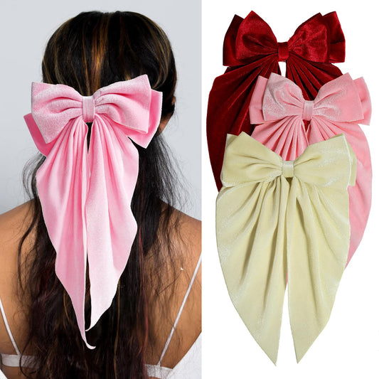 3 PCS Large Velvet Hair Bows, Oversized Long Tail Bows with Aliigator Clips, Coquette Hair Accessories for Women and Girls (Pink - Wine Red - White)