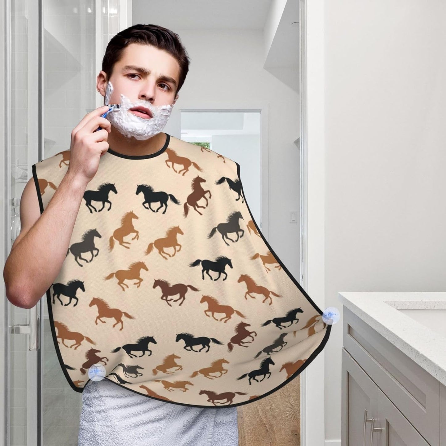 Non-Stick Beard Shaving Bib, Hair Catcher Apron with Suction Cups, Waterproof Grooming Tool for Men Husband, Wild Horse Racing Shave Bib
