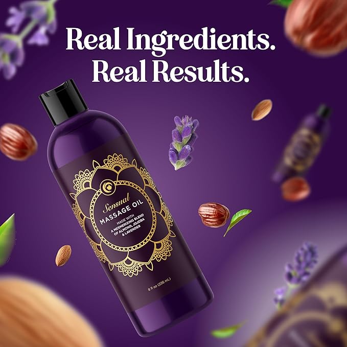 Aromatherapy Sensual Massage Oil for Couples - Relaxing Lavender Massaging Oil for Massage Therapy with Vitamin E Jojoba & Sweet Almond - Naturally Scented Vegan Non GMO & Gluten Free (8 Fl Oz)