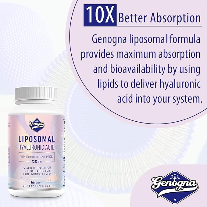 Liposomal Hyaluronic Acid Supplements 1000mg-High Bioavailable Dietary Hyaluronic Acid Capsules with Tremella Polysaccharides,Double Strength Skin Hydration,Joint Lubrication,1Pack