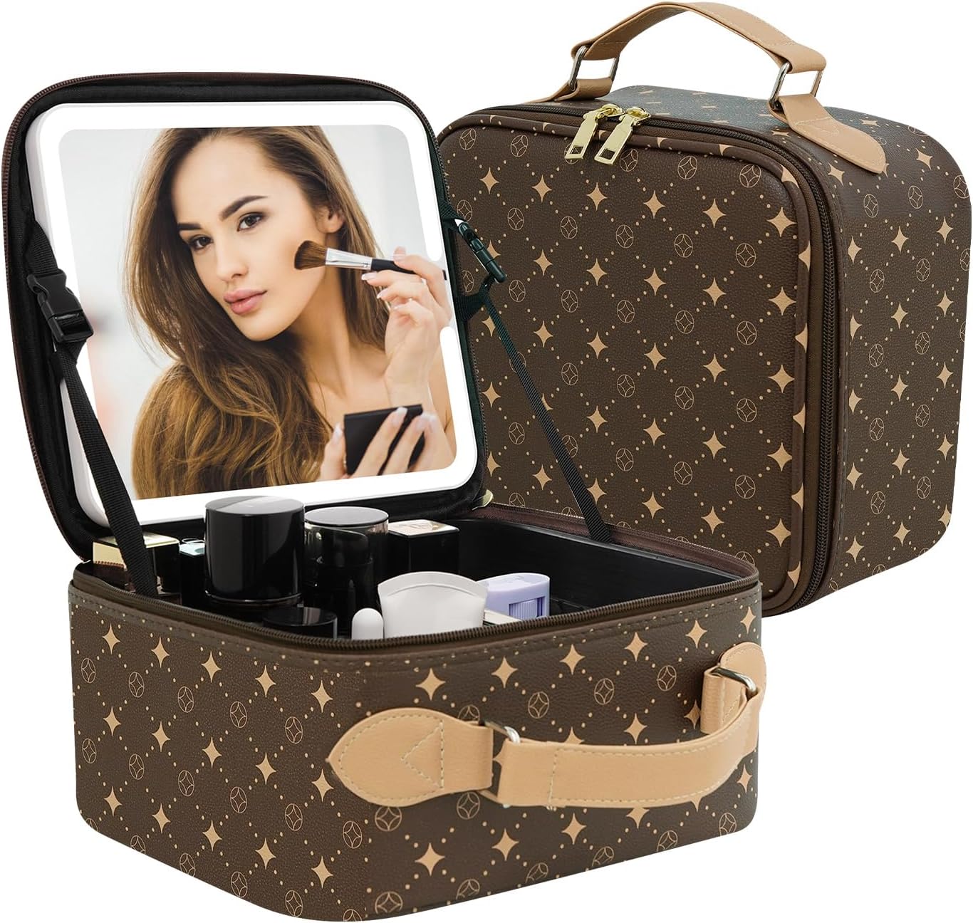 Travel Makeup Bag With 360° rotating LED Mirror,Waterproof cosmetic organizer,Portability Cosmetic case,Makeup organizer,Gift for Women,Girls Gift (Brown)
