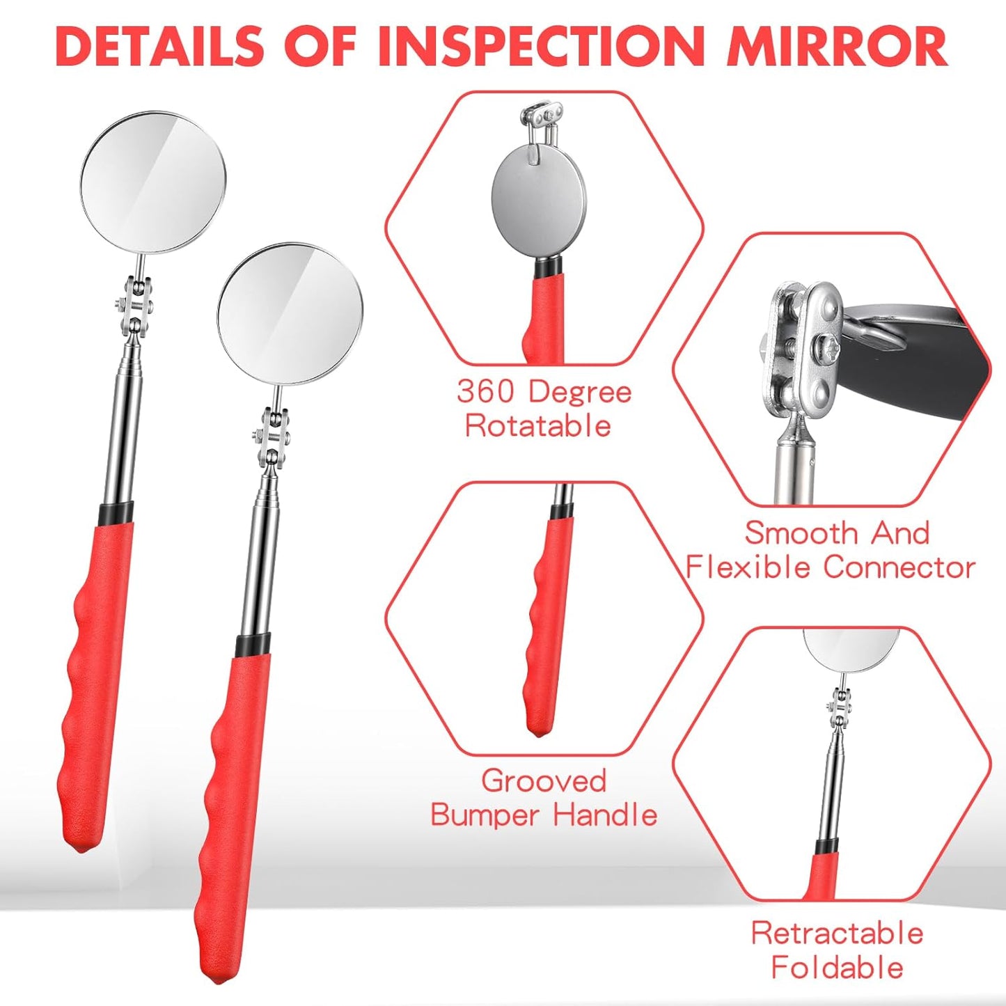 2 Pcs Telescoping Inspection Mirrors, Mechanics Mirror Tool with Long Handle, Round Extendable Mirror on a Stick for Technicians Mechanics Contractors Checking Observation(50mm,Red)