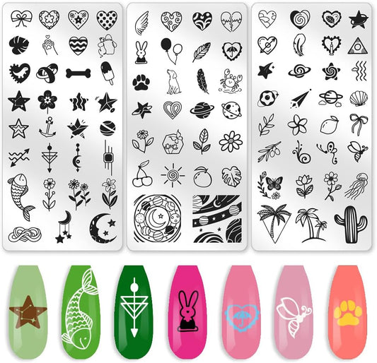 3Pcs Stars Planets Nail Stamping Plate Set Moon Flowers Heart Nail Stamp Templates Metal Reusable Tools with Stamper Scraper for Manicure Printing