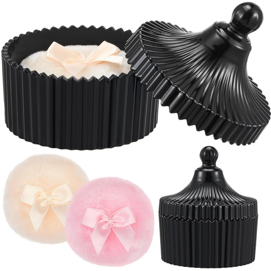 Tioncy 3 Pcs Large Body Powder Puff and Container Crystal Container Soft Washable Reusable Velour Face Body Glitter Powder Puff Wet Dry Makeup Simple Style (Black)