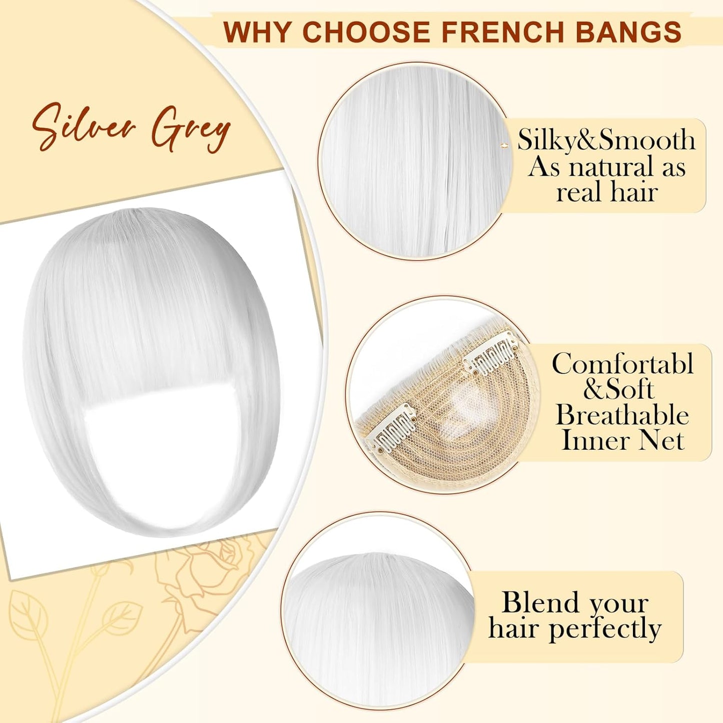 Bangs Hair Clip in Bangs, Fake Bangs Natrual Clip in Hair Extensions, Easy to Use Faux Bangs Clip on Bangs, French Bangs Fringe with Temples Hairpieces Curved Bangs for Daily Wear