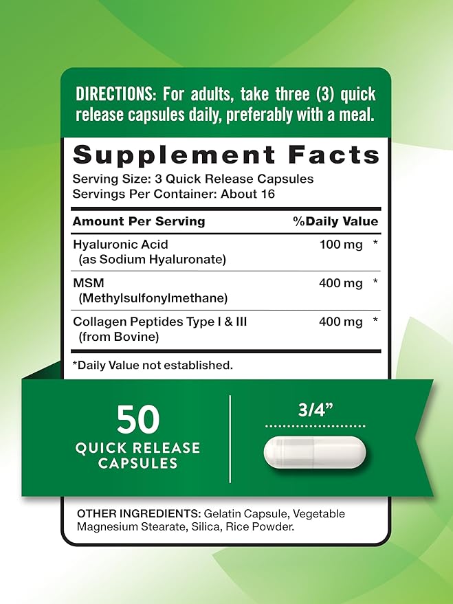 Nature's Truth Hyaluronic Acid with Collagen & MSM | 900mg | 50 Capsules | Non-GMO & Gluten Free Supplement