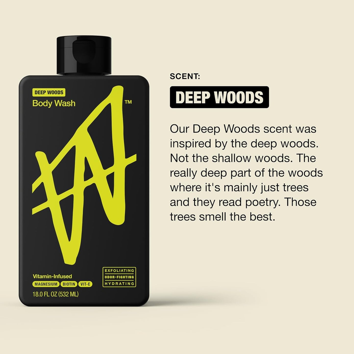W By Jake Paul Exfoliating Body Wash for Men, Vitamin-Infused, Hydrating Shower Gel, Deep Woods, 18 fl oz (Pack of 2)
