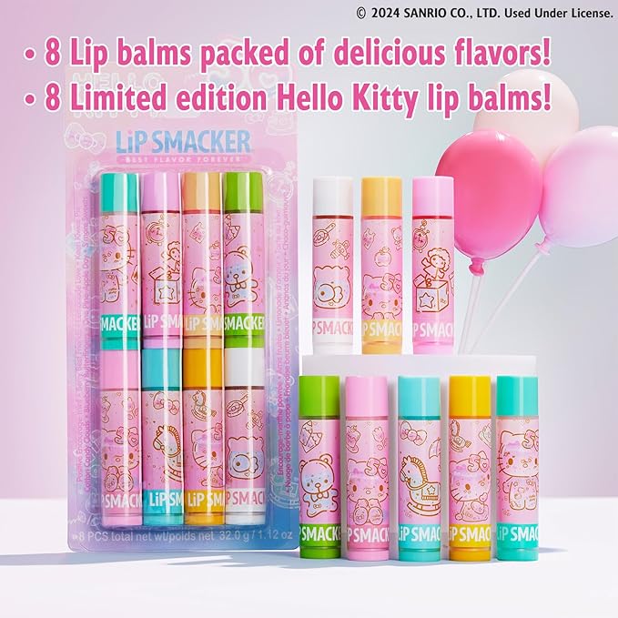 Lip Smacker Hello Kitty 50th Anniversary 8-Piece Lip Balm Party Pack - Super Sweet Flavors, Moisturizing, Sweet Silky Smooth Gliding Application, Perfect for Gifting