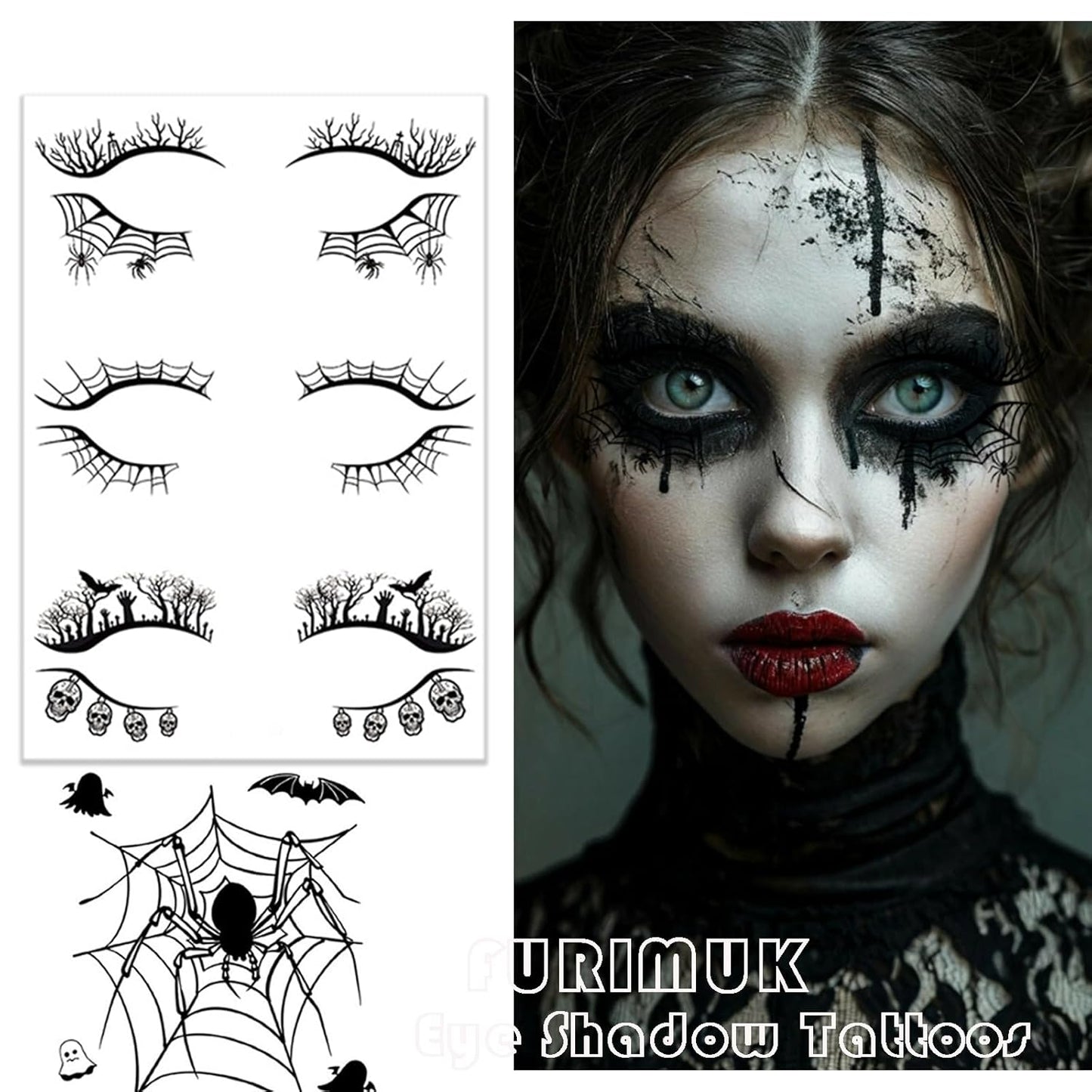 4 Sheets Halloween Face Eye Shadow Tattoo Stickers Eyeliner Decals Spider Web Skull Bat Face Makeup Temporary Tattoo Stickers for Women Halloween Masquerade Makeup Decoration