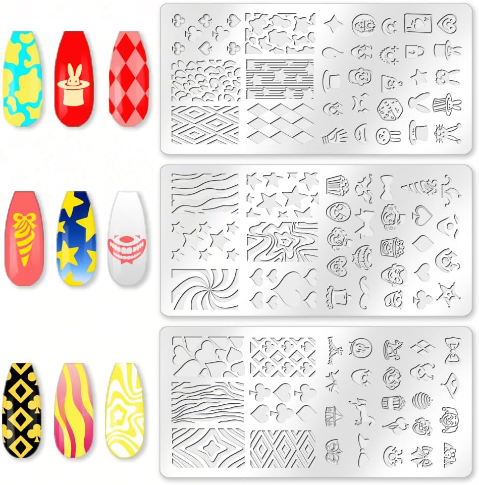 benikmake 3pcs Clown Nail Stamping Plate Nail Printing Stainless Stencil for Manicure Salon Poker Element 6x12cm 2.36x4.7inch