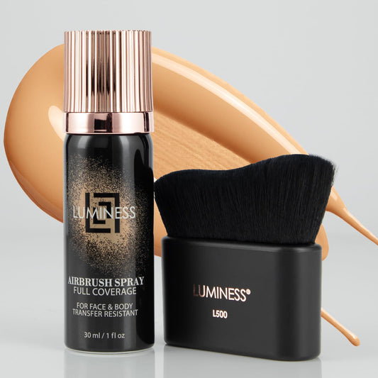 LUMINESS Airbrush Body Coverage with Self Tanner Brush - Tattoo Cover Up Makeup - Full Coverage Foundation for Face & Body - Water-Resistant, Long-Wear, Natural Radiant Finish, Medium