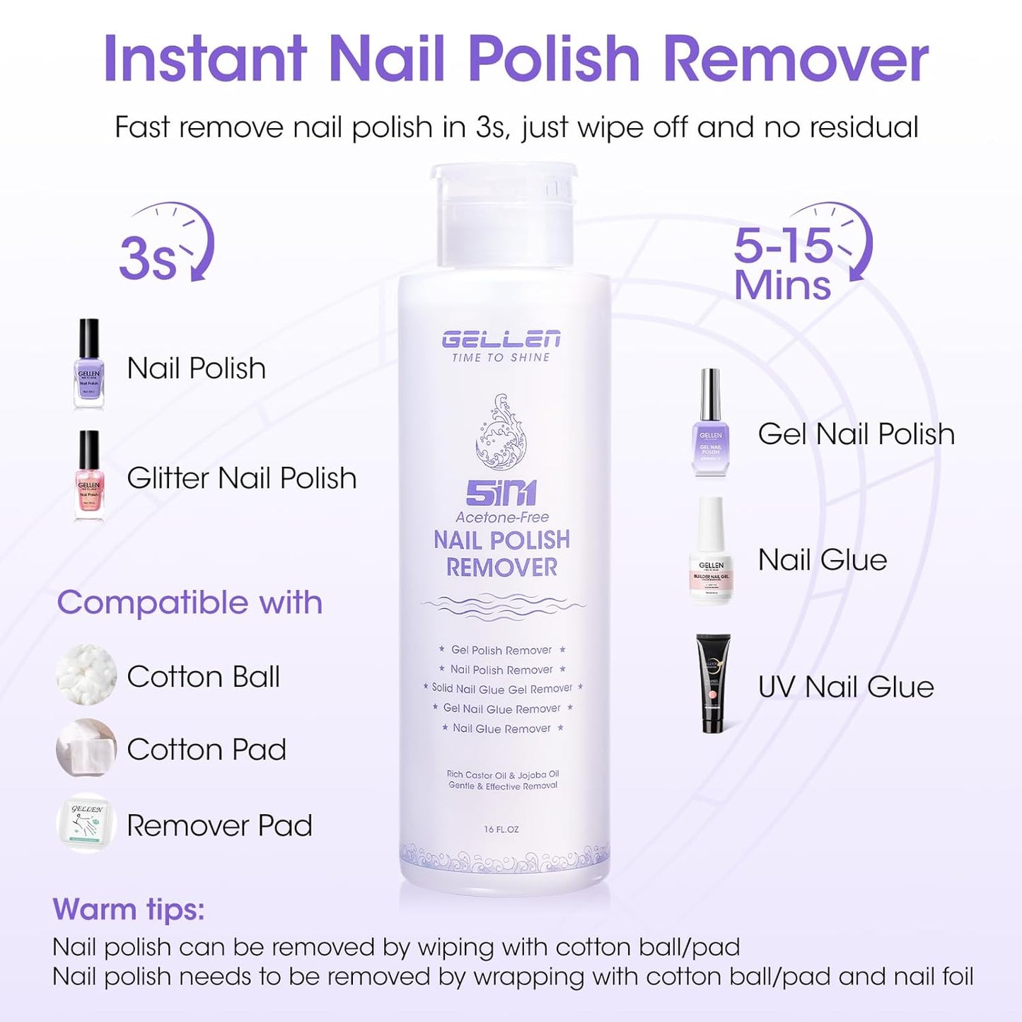Gellen 16 Fl Oz Nail Polish Remover Non Acetone, Professional Nail Polish Remover Pump | Soak off Gel Polish Remover Kit for Nails | Multifunctional 5 in 1 Gel Nail Remover