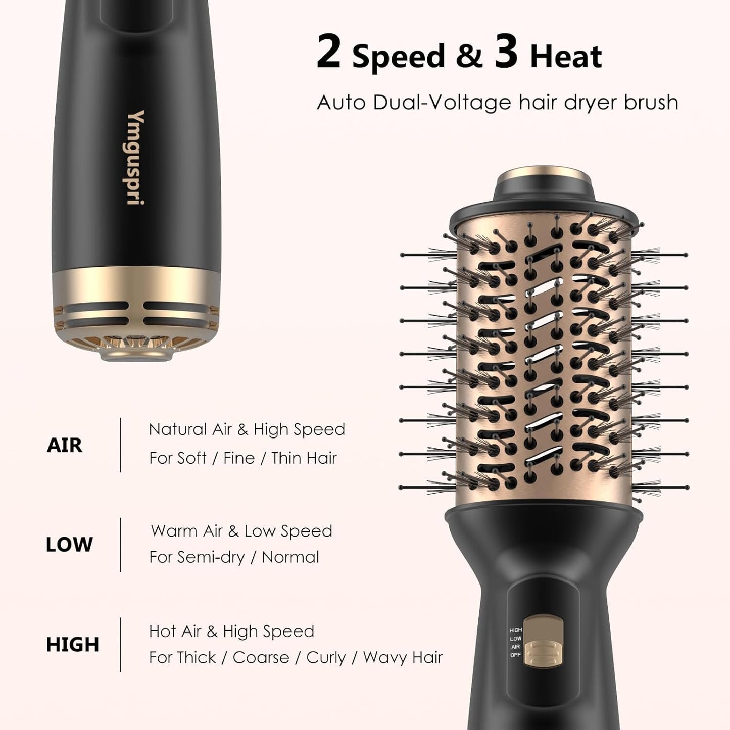 Travel Dual Voltage Hair Dryer Brush, Mini Auto Blow Dryer Brush in one, 2 Inch One Step Hot Air Hair Dryer and Styler for Home & Salon with EU&UK Plug (Gold)