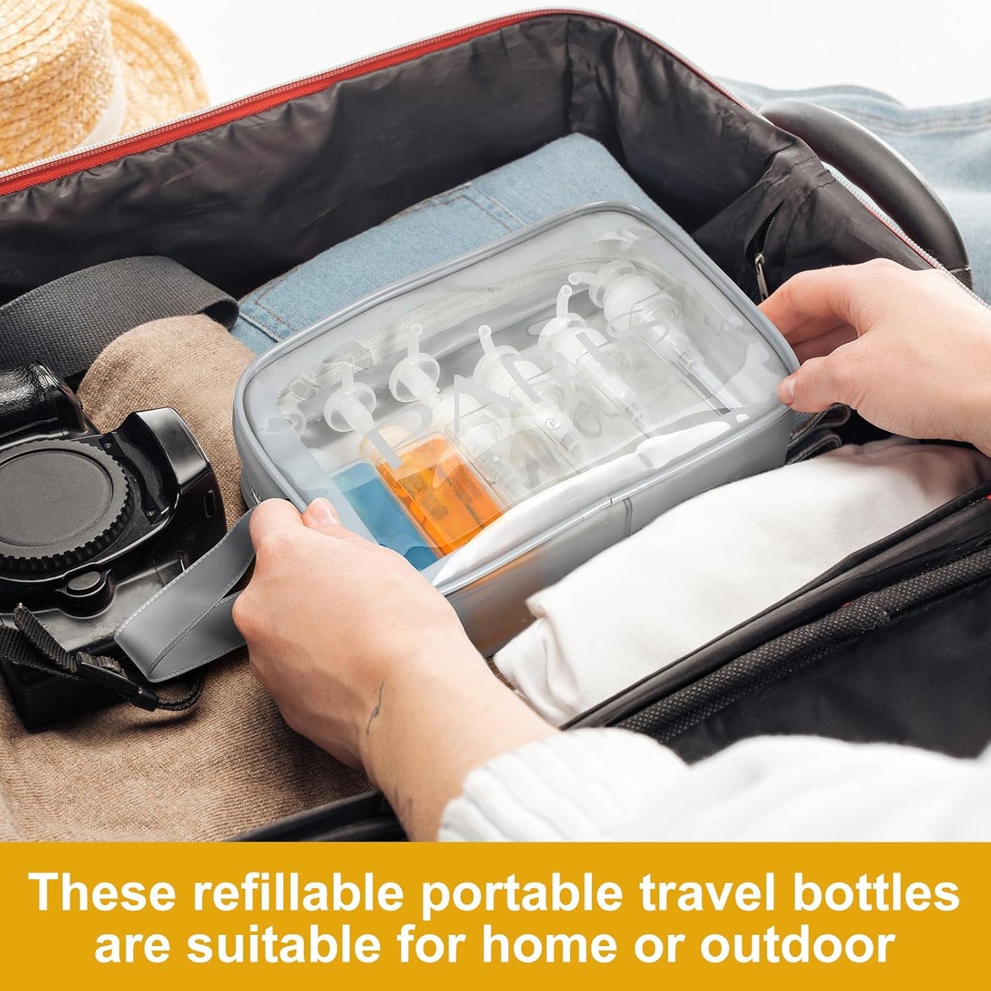 Domensi 12 Pcs 100ml /3.4 oz Pump Bottle Mini Travel Bottles Small Dispenser Containers Plastic Pump Lotion Dispenser Empty Square Travel Size Containers Toiletries (Clear,Black,White)