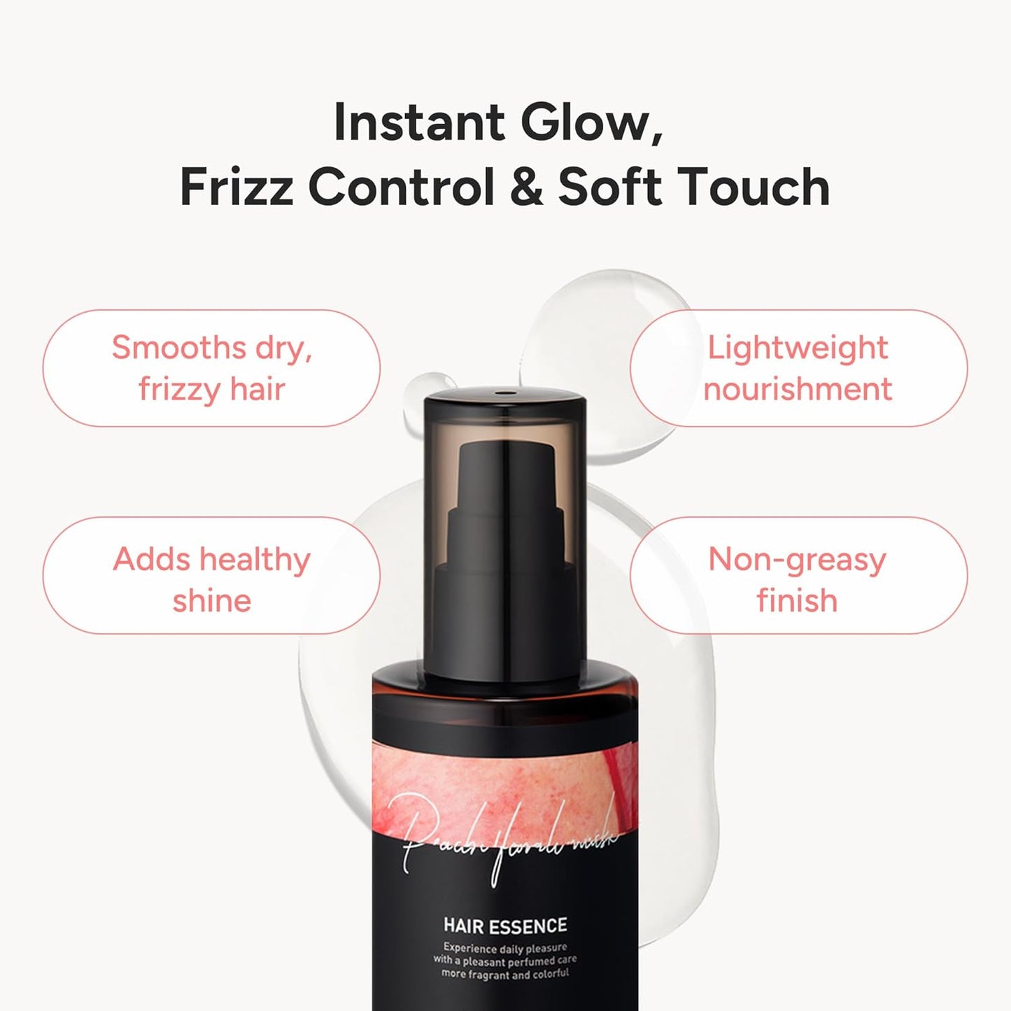 Perfumed Hair Oil & Serum 2-in-1 – Korean Essence Oil for Frizzy, Dry, Damaged Hair & Glass Hair Shine – Argan Oil & Amino Acids – Sulfate & Paraben-Free – Peach Floral Musk, 100ml / 3.38 fl oz