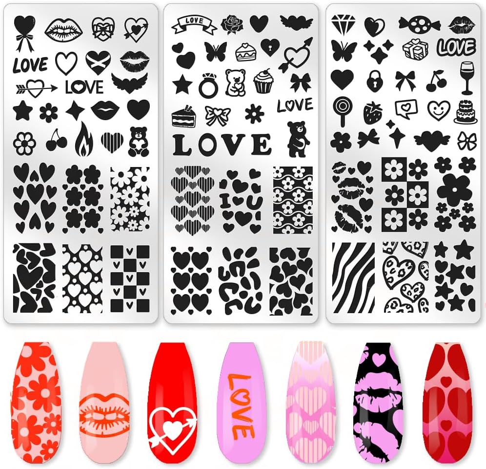 benikmake 3pcs Valentine's Day Nail Plate Stamping Heart Cherry Flower Nail Printing Stainless Stencil for Holiday Decor Manicure Salon 6x12cm 2.36x4.7inch