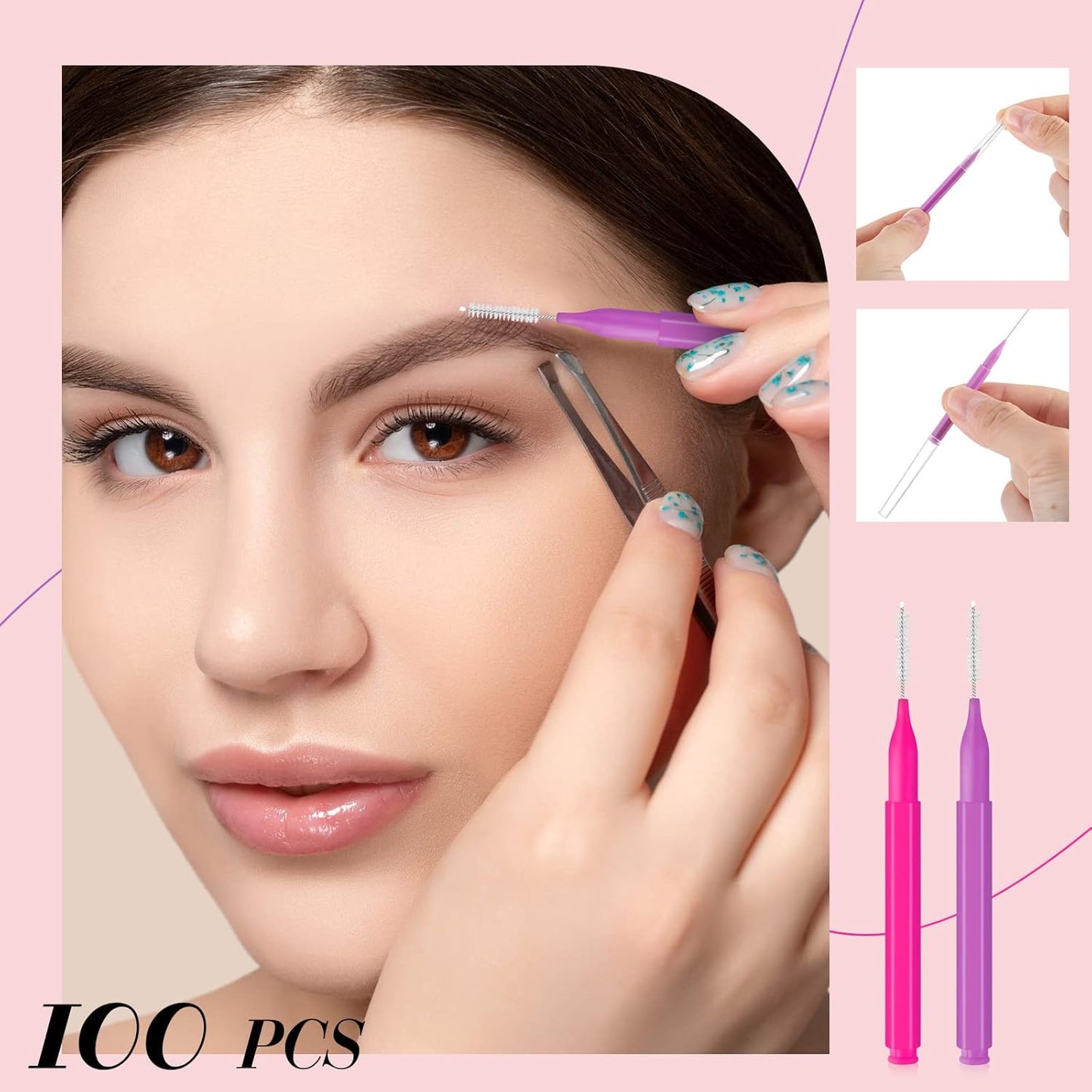 Lallisa 100 Pieces Micro Eyebrow Spoolie Brush with Cap Brow Lamination Tool Eyelash Brush Multifunctional Micro Lash Comb for Eyelash and Eyebrow Extensions Tool(Pink, Purple)