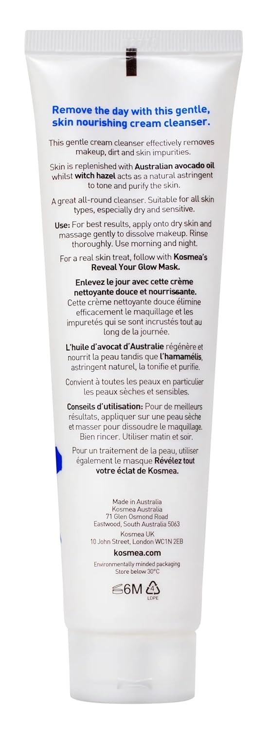 Kosmea Purifying Cream Cleanser – Hydrating Face Wash for Dry, Sensitive or Normal Skin – Rosehip and Avocado Oil with Vitamins A, B, D – Non-Drying Daily Cleanser – 5.07 fl oz