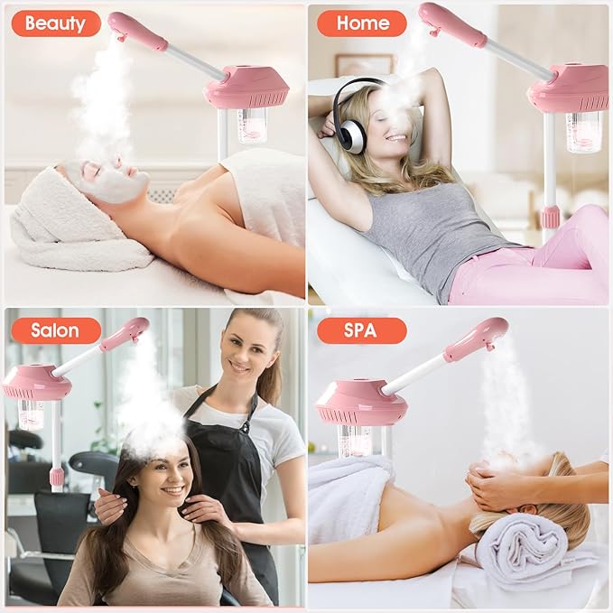 Professional Facial Steamer, Facial Steamer on Wheels, Ozone Facial Steamer, Standing Face Steamer, SPA Facial Steamer for Salon and at Home Use, Touch Control, Timing Function, Pink…