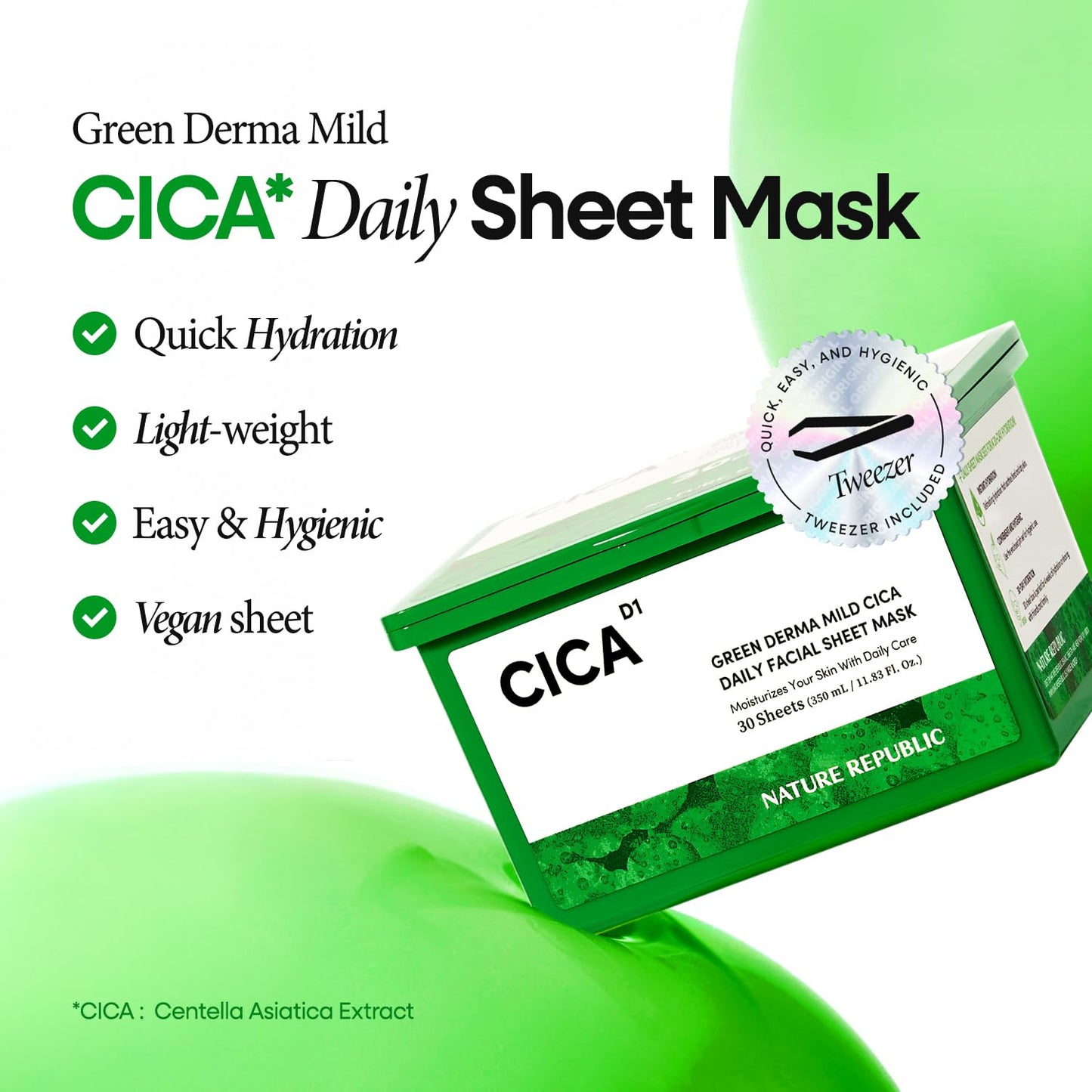 Nature Republic Cica Daily Face Mask (30 vegan sheets) Propolis Extract & Centella Asiatica Bulk Facial spa Mask for Moisturizing & Hydrating Glow, korean beauty skin care for all skin types
