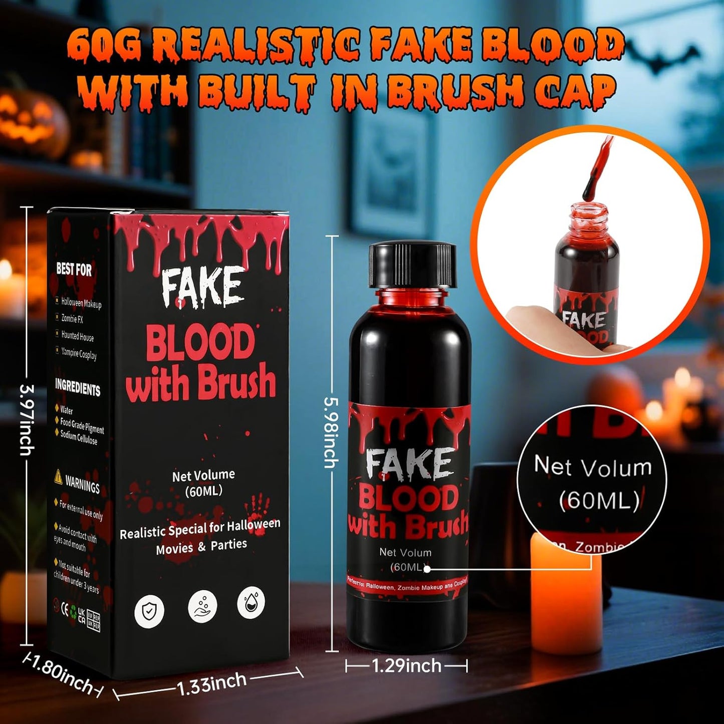 Halloween Fake Blood with Brush Cap – 60ML Dark Blood Coagulated Look for Realistic SFX Makeup, Vampire Zombie Wound Effects, Fake Blood Makeup for Clothes, Face, Cosplay, Theater,Party