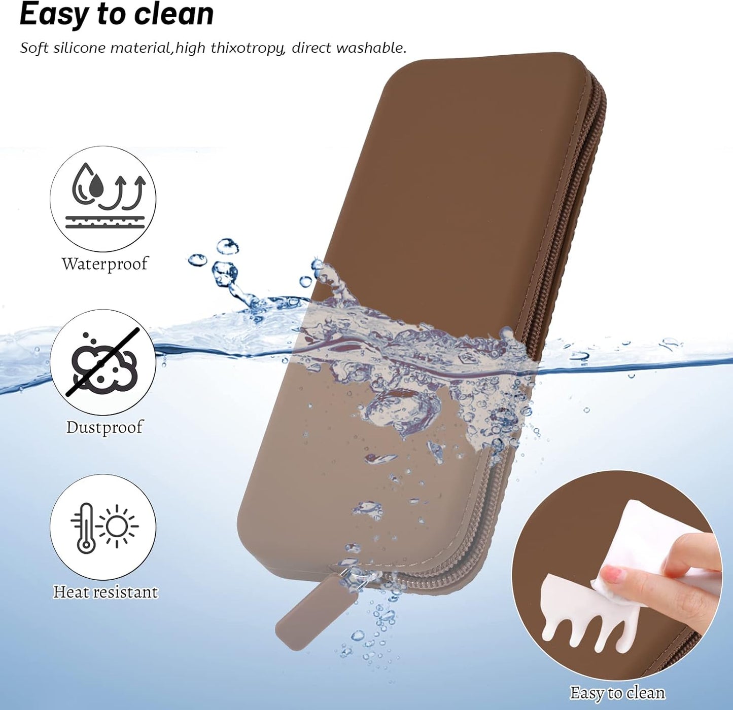 Sakolla Travel Makeup Brush Holder, Silicone Makeup Brush Bag with Zipper Closure, Makeup Brushes Organizer Case Washable Makeup Pouch Holder Case for Daily, Work, Essentials (Brown)