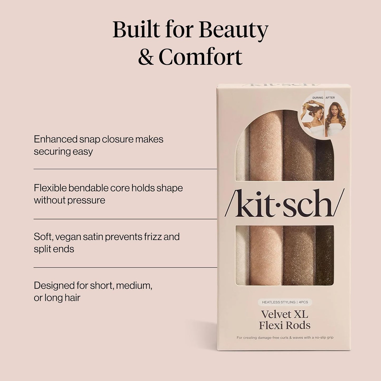 Kitsch XL Flexi Rods for Heatless Curls Overnight - Soft Velvet Hair Rollers for Women - Hair Curlers to Sleep In - Eucalyptus, 4pcs