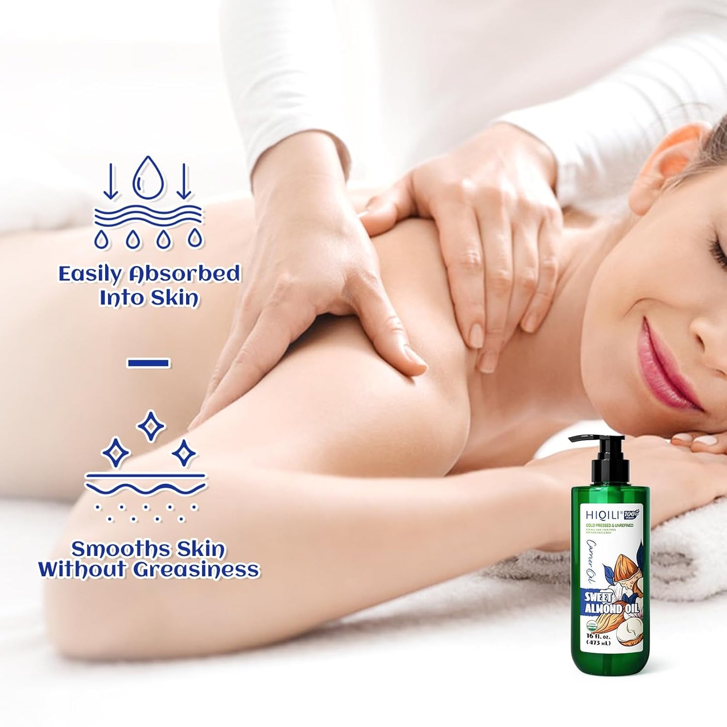 HIQILI Sweet Almond Oil for Skin, Hair, Body, 100% Pure Organic Carrier Oil for Essential Oils Mixing, Hexane Free, Unscented - 16 Fl Oz