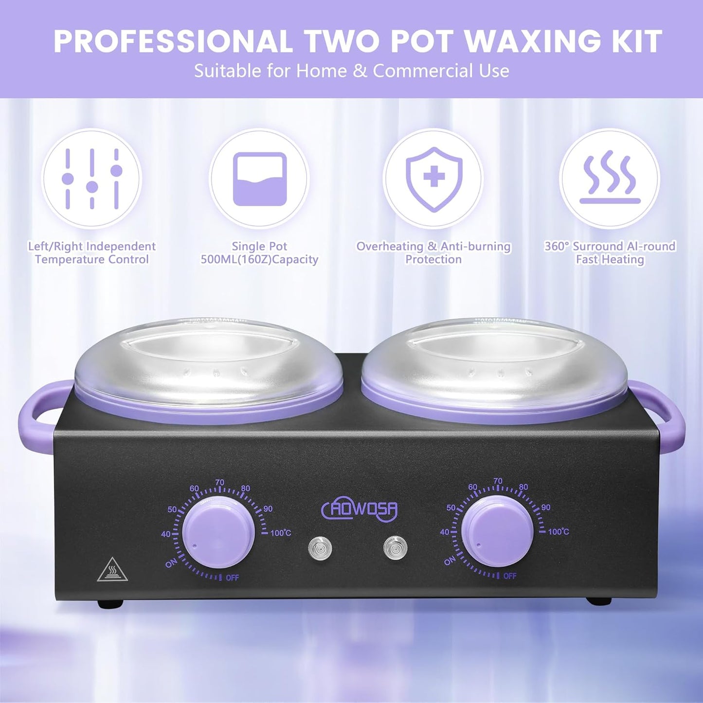 Professional Waxing Kit Wax Warmer Double Pot Wax Heater Machine for Hair Removal, Large Waxing Pot for Spa Salon Beauty Esthetician Home, with Non-Stick Easy Clean Pot, 50 Sticks & 20 Collar, Black