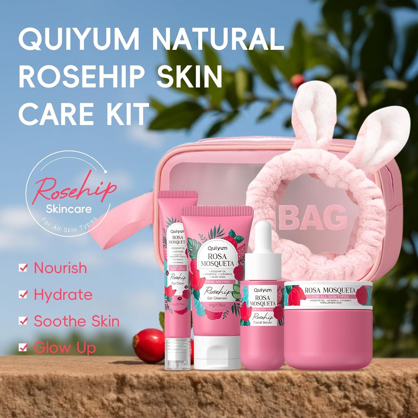 Rosehip Skin Care Sets for Women, Nourishes, Resists Oxidation, Promotes Collagen Production, Refine skin texture, Enhances Skin Elasticity, Korean Style Skincare Gift Se, Travel Set 4PCS