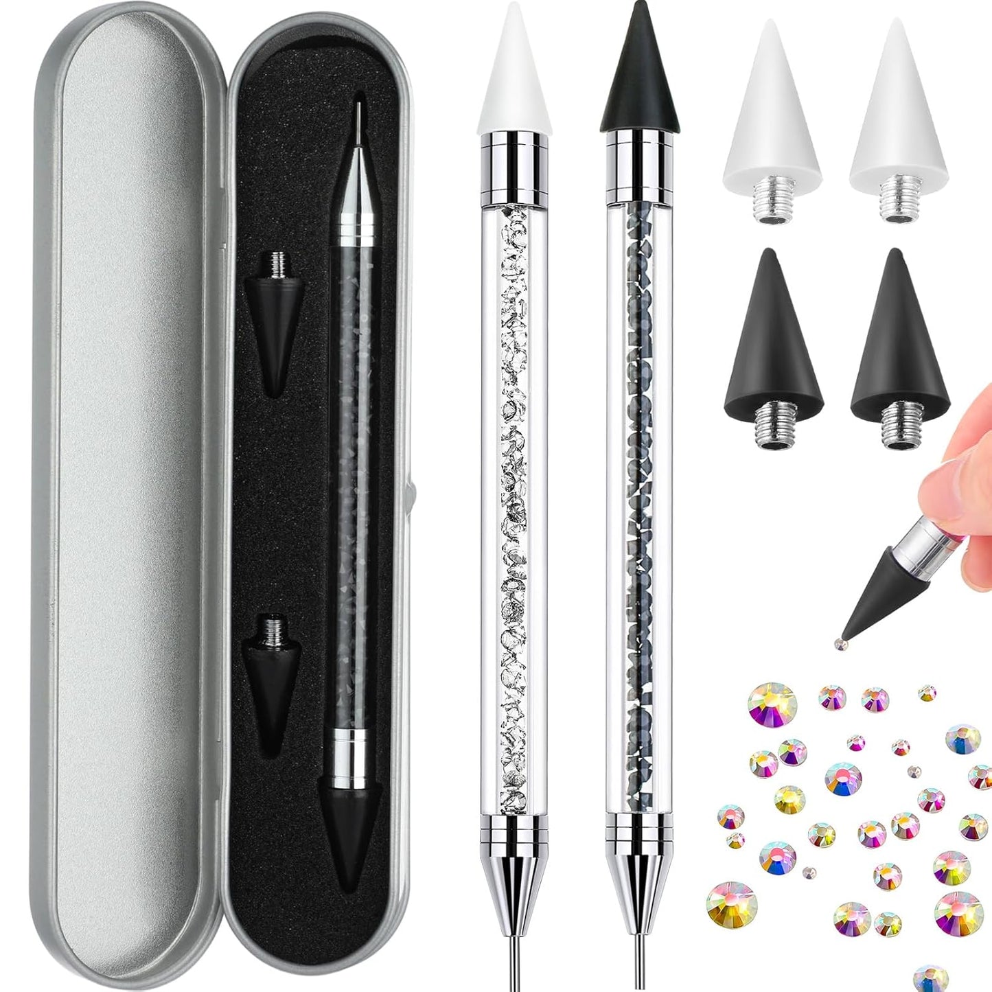 2 Pieces Rhinestone Picker Dotting Pen, Dual-ended Rhinestone Gems Crystals Studs Picker Wax Pencil Pen Crystal Beads Handle Manicure Nail Art DIY Decoration Tool (Black White)