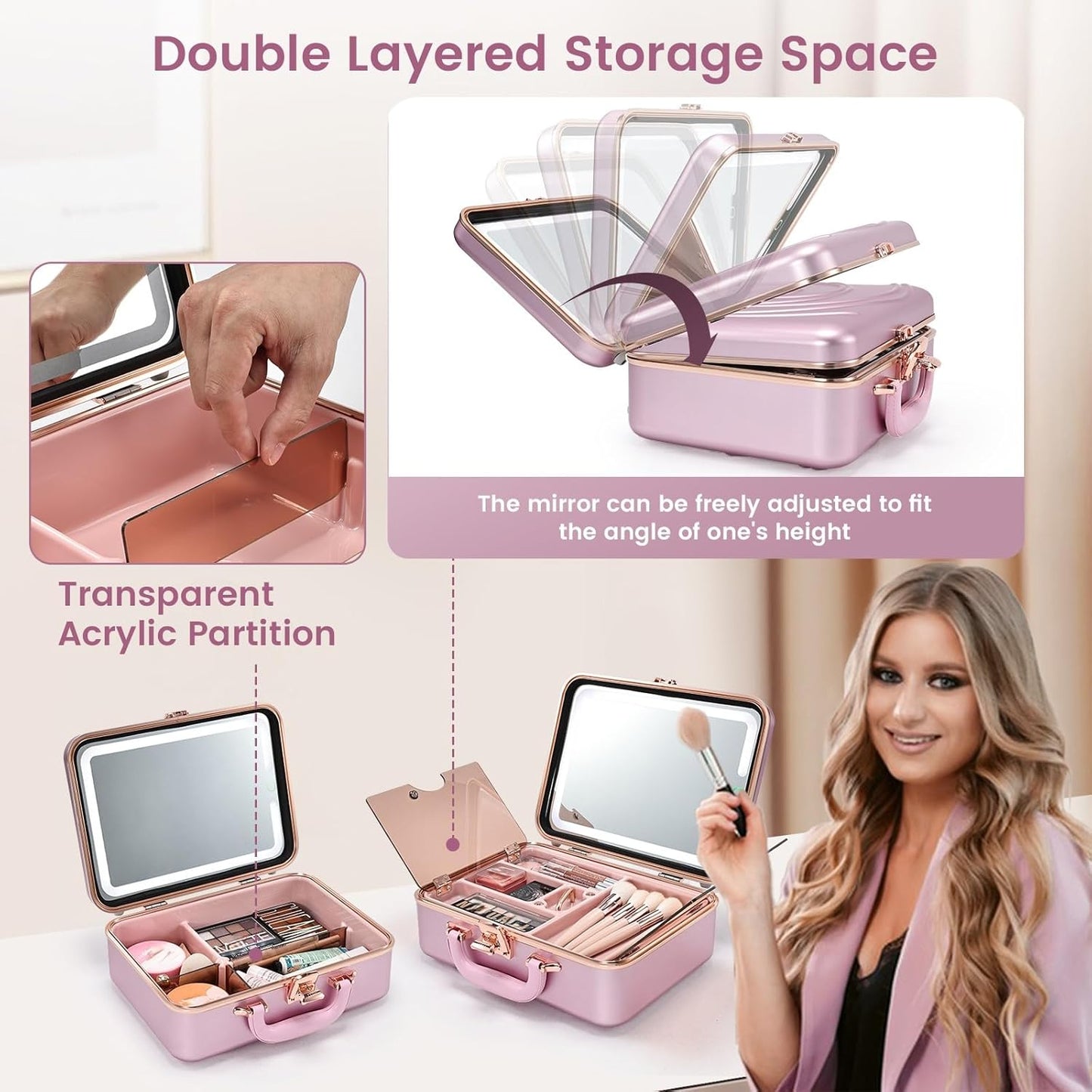 Travel Makeup Case with LED Lighted Mirror 12 Inch Portable Makeup Box Organizer Adjustable Brightness in 3 Colors Cosmetic Storage Case with Dividers Hard Aluminum Shell Vanity Box Pink