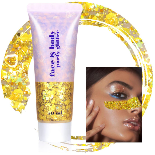 Boko 50ML Body Glitter Gel, Gold Mardi Gras Chunky Glitter Gel for Face Hair Body Sparkle Makeup, Cosmetic Mermaid Face Glitter Sequins for Mardi Gras Concert Party Event Rave Accessories
