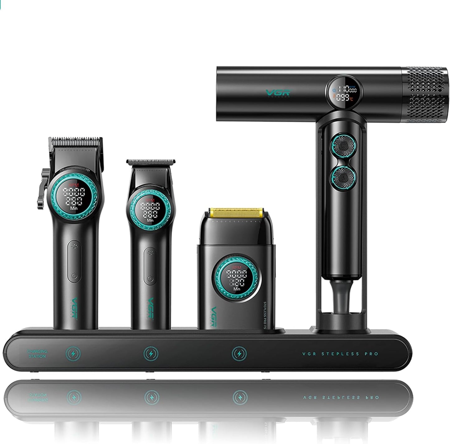 VGR Professional Barber Combo 4 in 1 – 9000RPM Cordless Hair Clipper & Trimmer, Foil Shaver & Hair Dryer Set, All-in-One Grooming Kit for Home & Barber, Premium Haircutting Kit with Travel Case, Black