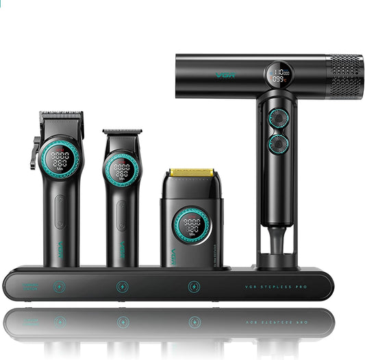 VGR Professional Barber Combo 4 in 1 – 9000RPM Cordless Hair Clipper & Trimmer, Foil Shaver & Hair Dryer Set, All-in-One Grooming Kit for Home & Barber, Premium Haircutting Kit with Travel Case, Black