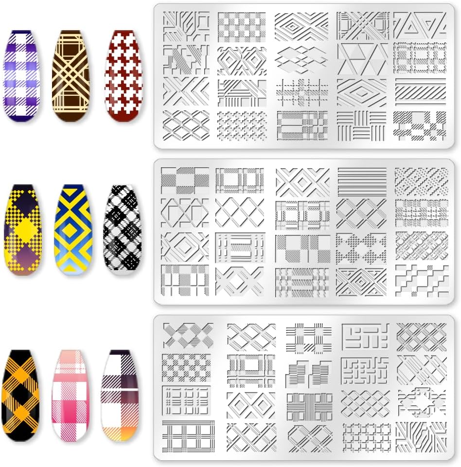 benikmake 3pcs Christmas Plaid Nail Stamp Template Classic Checkered Nail Printing Stainless Stencil for Manicure Salon Fall Theme 6x12cm 2.36x4.7inch