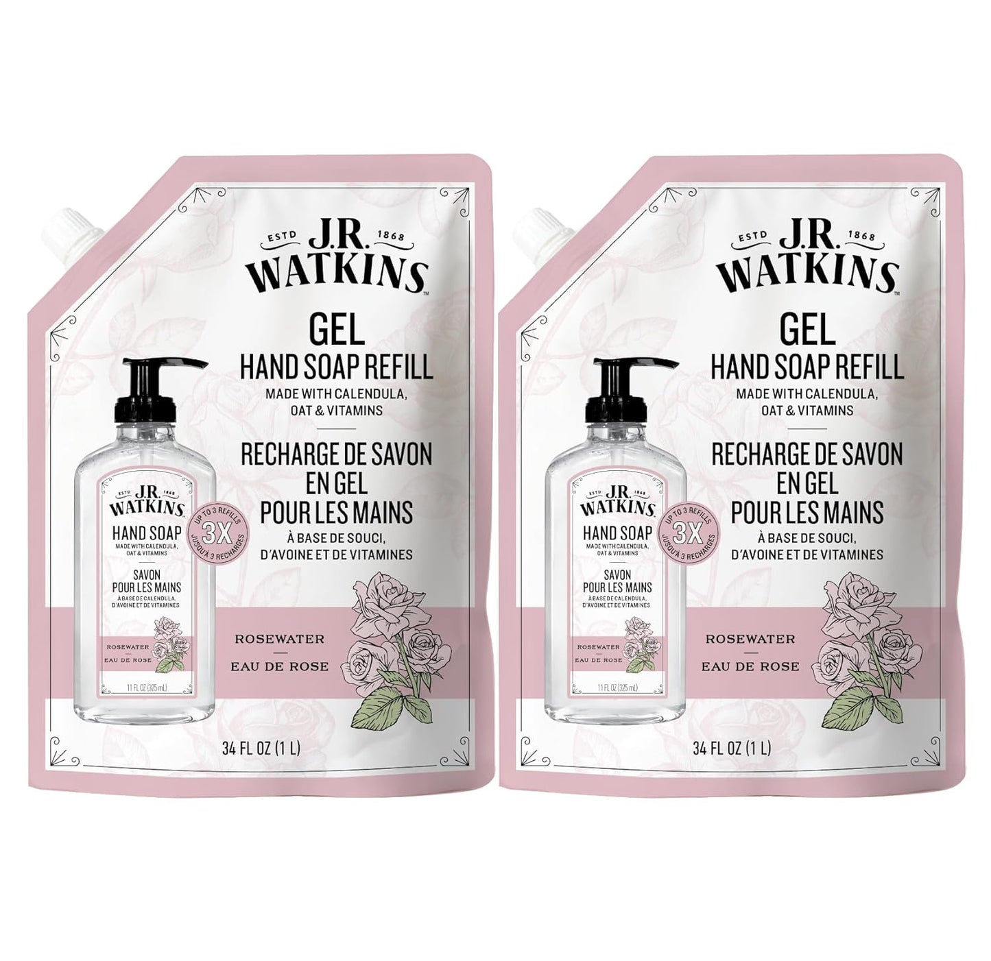 J.R. Watkins Gel Hand Soap Refill, Moisturizing Hand Wash, Formulated with Plant-Based Cleansers, Alcohol-Free, Cruelty-Free, Rosewater, 34 Fl Oz, 2 Pack