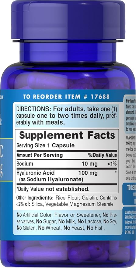 Puritans Pride Hyaluronic Acid 100mg, Dietary Supplement for Skin Hydration, 60 Rapid Release Capsules