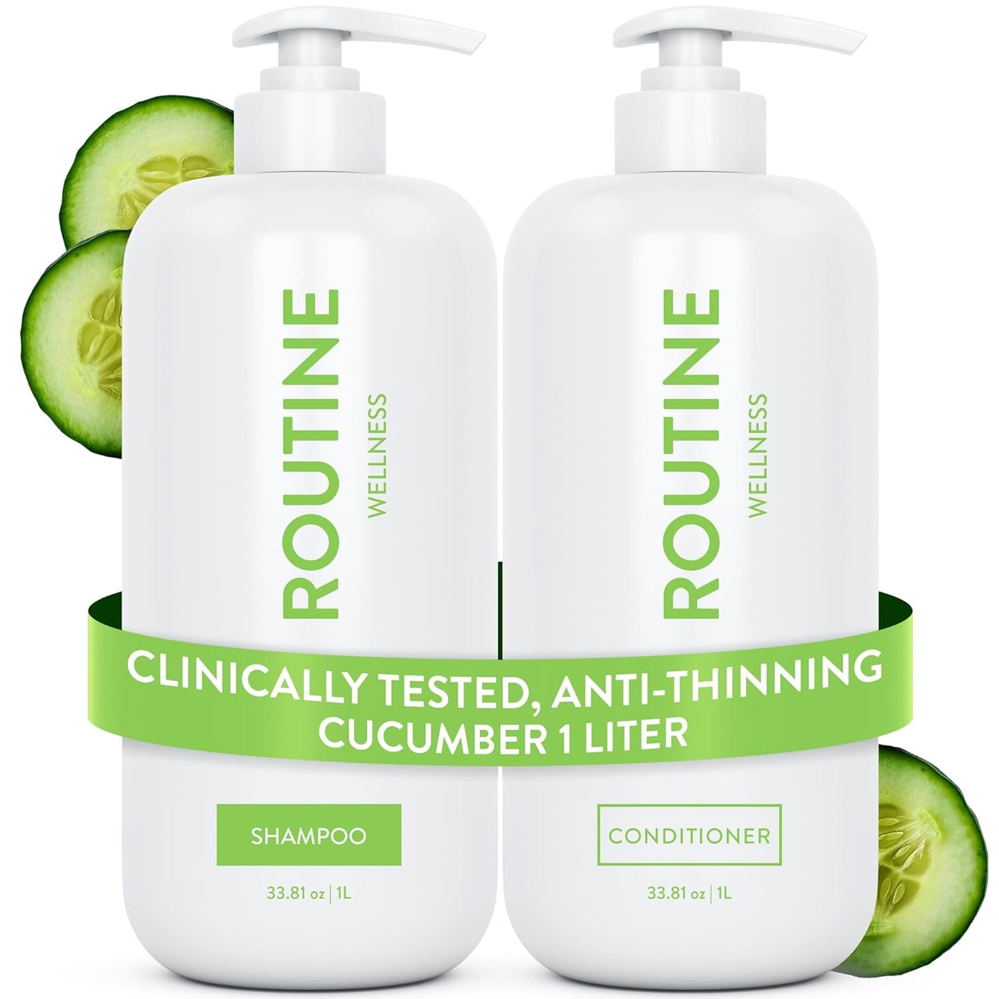Routine Wellness 1 Liter Anti-Thinning Volumizing Shampoo and Conditioner Set for Thinning Hair & Hair Loss - Grow Your Confidence with Biotin & DHT Blockers - 1 Liter Cucumber Set