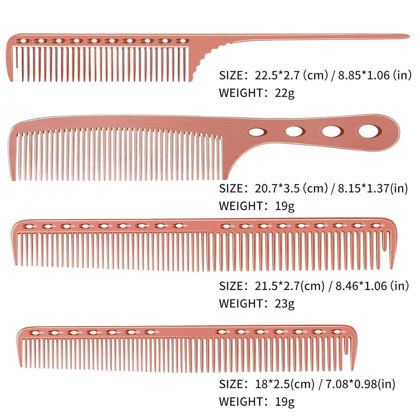 Professional Barber Aluminum Comb Set for Dressing, Cutting Hair, and Styling: Long/Short Hair Combs, Handle, and Tail Comb (Rose Gold)