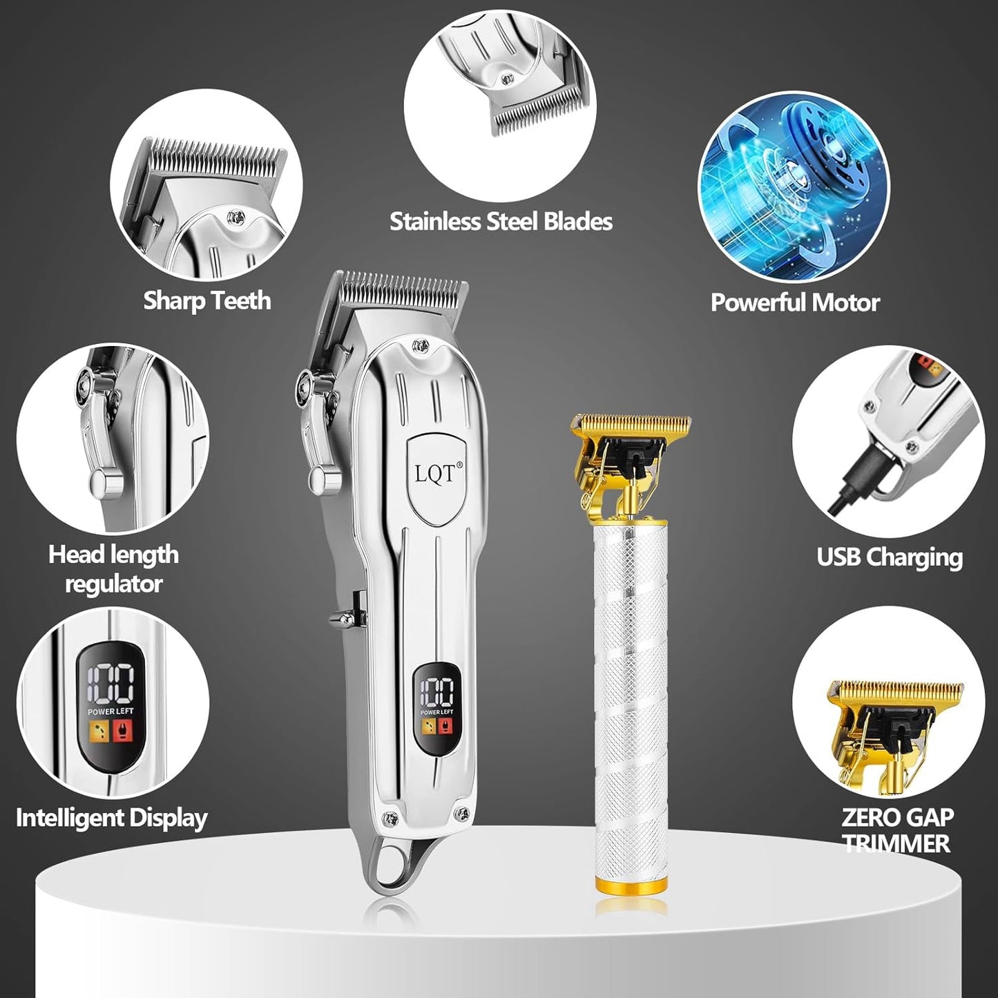 Professional Hair Clipper Set, Gold, LED Display, with Trimmer, 8 Guide Combs, Barber Shaver Set, with Travel Case and Haircut Cape (Silver)
