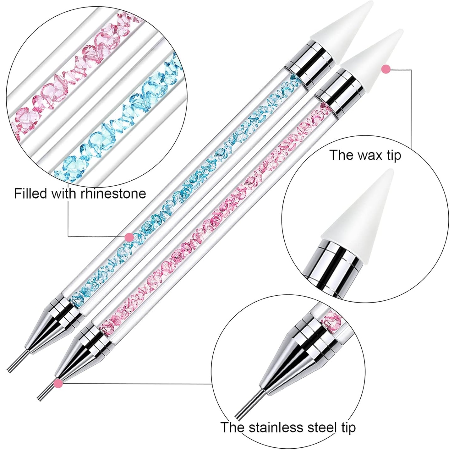 2 Pieces Rhinestone Picker Dotting Pen, Dual-ended Rhinestone Gems Crystals Studs Picker Wax Pencil Pen Crystal Beads Handle Manicure Nail Art DIY Decoration Tool (Light Blue Pink)