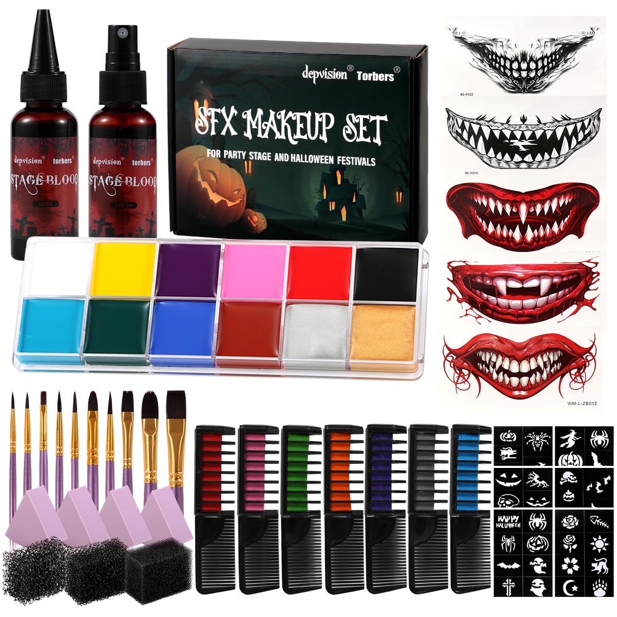 Depvision SFX Makeup Kit Halloween Makeup Set Professional Face Body Paint Special Effects Makeup Set with Fake Blood Temporary Tattoo Hair Chalk Oil Body Paint Sponges Brushes for Halloween Party