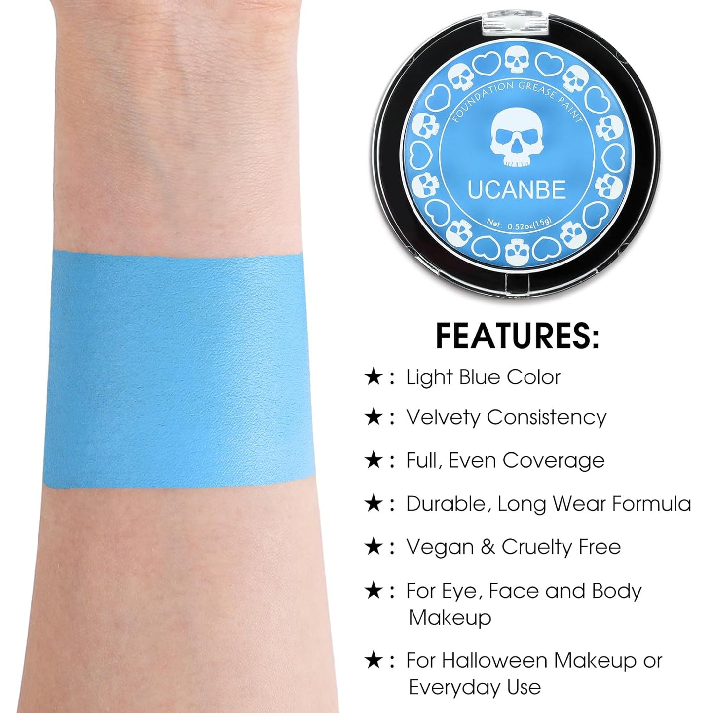 UCANBE Light Blue Face Body Paint Makeup Foundation, Cream Greasepaint for Kids & Adult, Non-Toxic FX Face Painting Kit for Halloween Smurf Avatar Corpse Bride Sally Face Makeup, Costume Cosplay Party