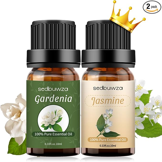 Sedbuwza Gardenia Jasmine Essential Oil Set, Gardenia Fragrance Oil Jasmine Scent Oil Set for Diffuser, Aromatherapy, Massage, Soap, Candle Making 2 x 10 ml