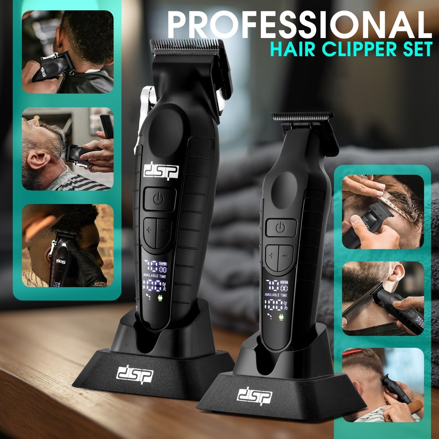 DSP Professional Hair Clippers Set for Men, Cordless Barber Clipper Beard Trimmer DLC, USB Rechargeable, Speeds Adjustable, Travel Lock, Low Noise with Charging Base