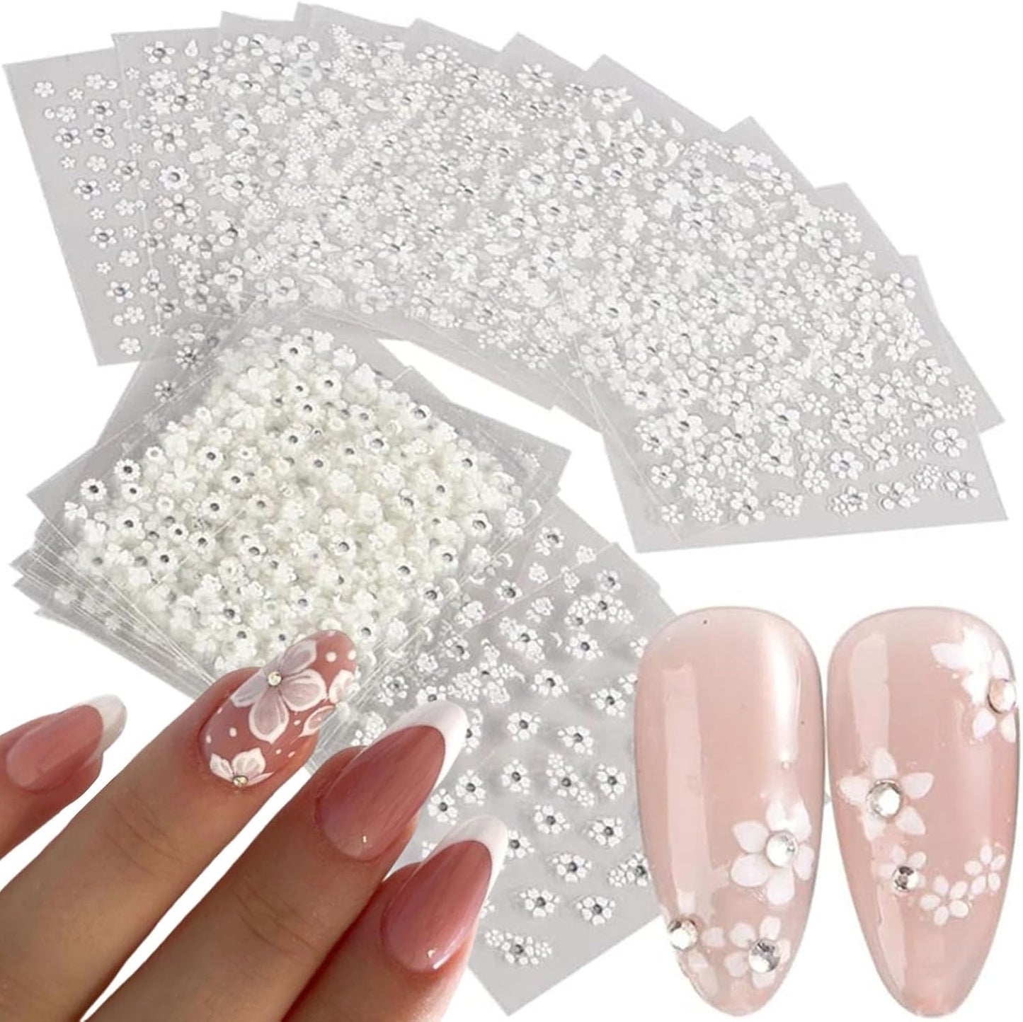 30 Sheets White Flower Nail Art Stickers, 3D Self Adhesive White Flower Nail Sticker Design Holographic Small Floral with Rhinestones Nail Art Decals Nail Supplies for Women Girls Manicure Decoration